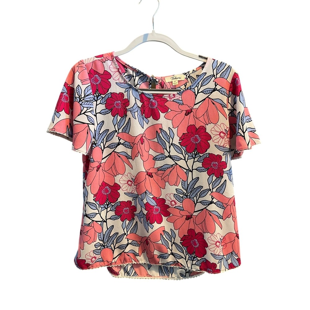Takara Pink Floral Flutter Sleeve Blouse Crochet Trim Keyhole Back Medium